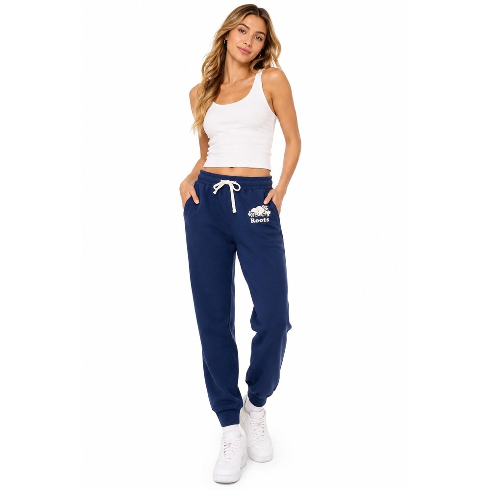 Roots Canada Beaver Logo Jogger Sweatpants Women's XS Navy Blue Fleece Lounge